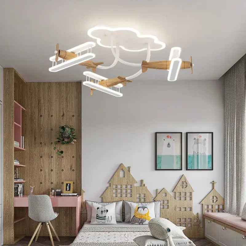 Cloud-shaped chandelier light with wooden decorbites cartoon plane fixtures and white led lighting for kids room ceiling