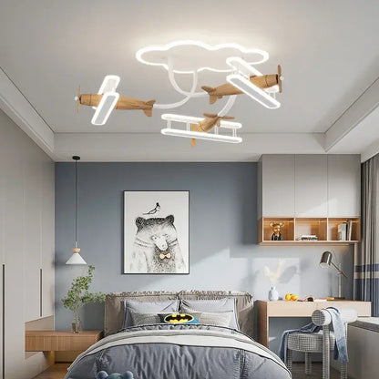 Decorbites cartoon plane chandelier light with wooden airplane fixtures and glowing white neon cloud-shaped ceiling lamp