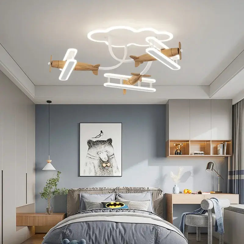 Decorbites cartoon plane chandelier light with wooden airplane fixtures and glowing white neon cloud-shaped ceiling lamp