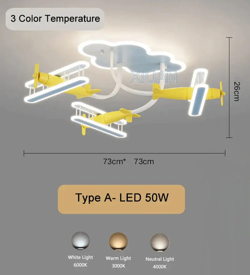 Yellow airplane-shaped led chandelier light with cloud design and three color temperatures by Decorbites cartoon plane