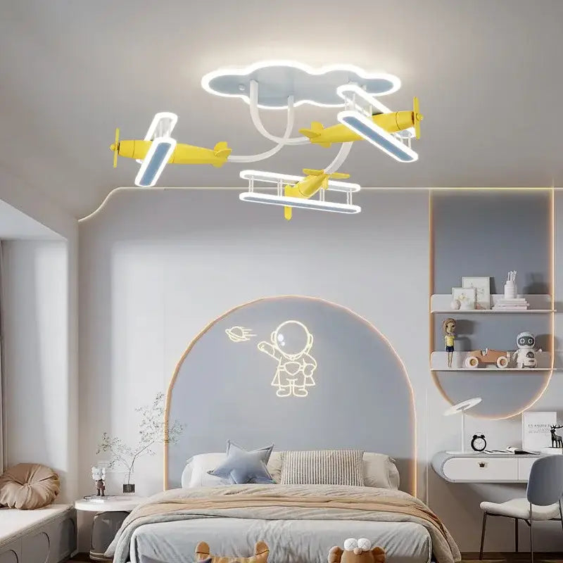 Yellow and white neon decorbites cartoon plane chandelier light fixture for kids room ceiling lamp