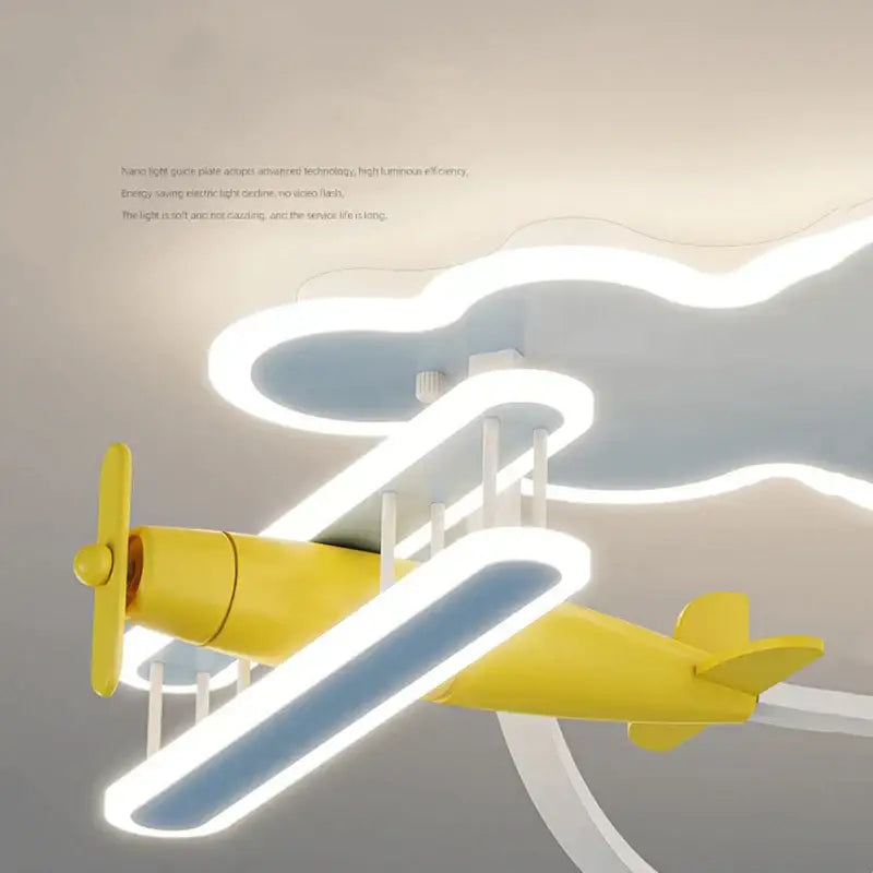 Yellow and blue decorbites cartoon plane chandelier light with illuminated neon-style wings for kids room ceiling lamp