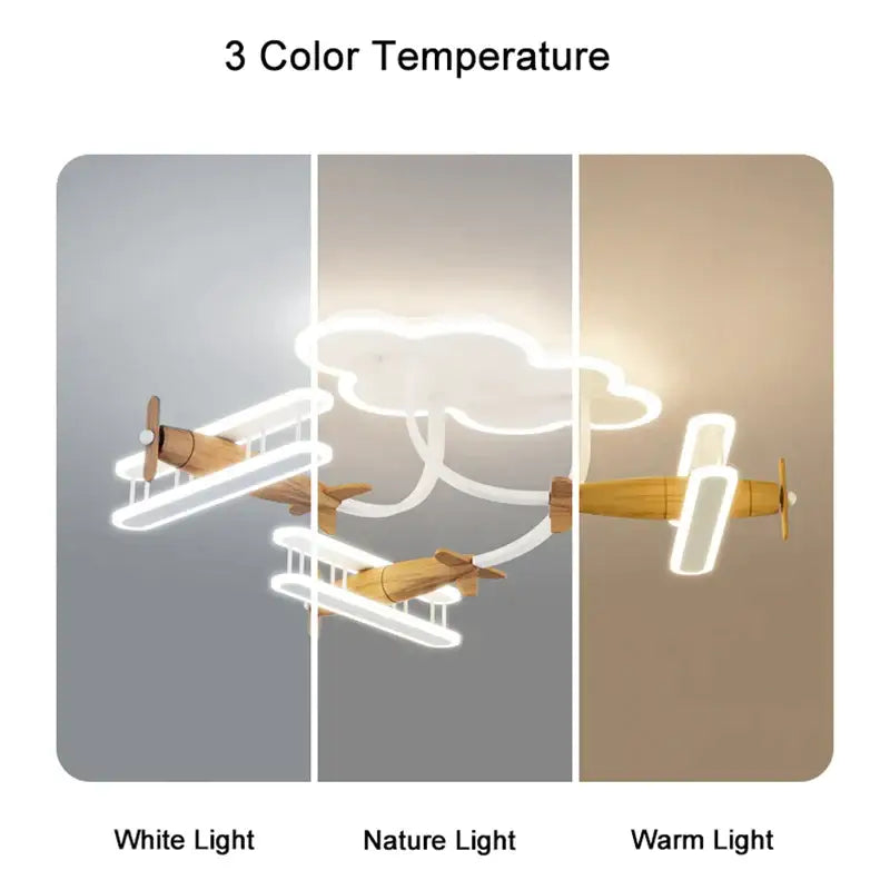 Wooden biplane chandelier light with glowing white led accents and cloud design for kids room by decorbites cartoon plane