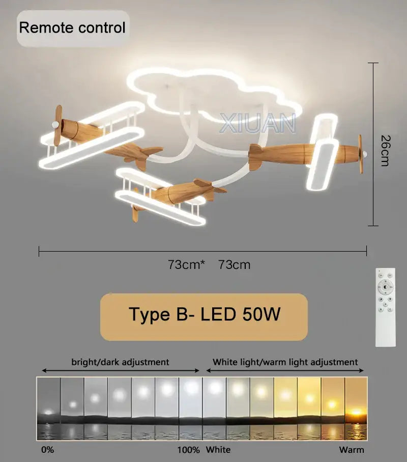 Decorbites cartoon plane chandelier light with wooden airplane design and adjustable led brightness for kids room ceiling lamp