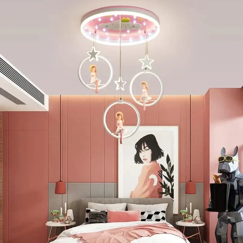 Pink decorbites cartoon princess chandelier LED kids bedroom light with glowing star rings and suspended doll figures