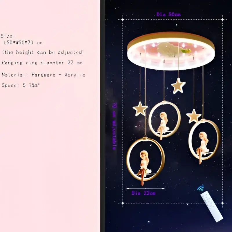 Decorbites cartoon princess chandelier pink led kids bedroom light with golden rings acrylic stars and suspended figurines