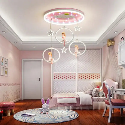 Pink circular decorbites cartoon princess chandelier with glowing stars and dolls in illuminated led rings for kids bedroom
