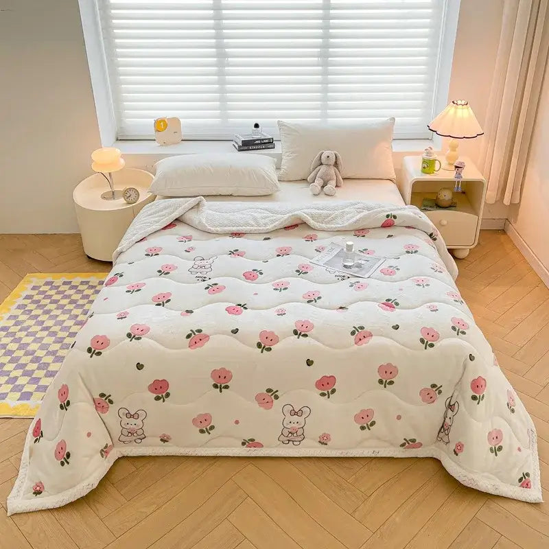 A cream velvet quilted blanket with decorbites cartoon print featuring pink roses and playful bunnies for bedroom bedding