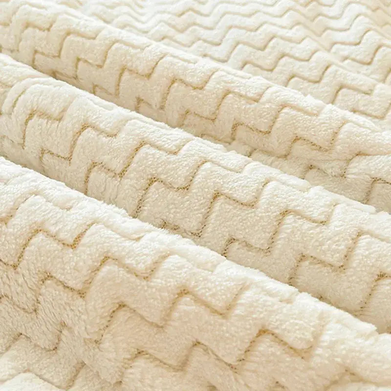 Cream-colored plush velvet fabric with a raised zigzag pattern in decorbites cartoon print quilted blanket