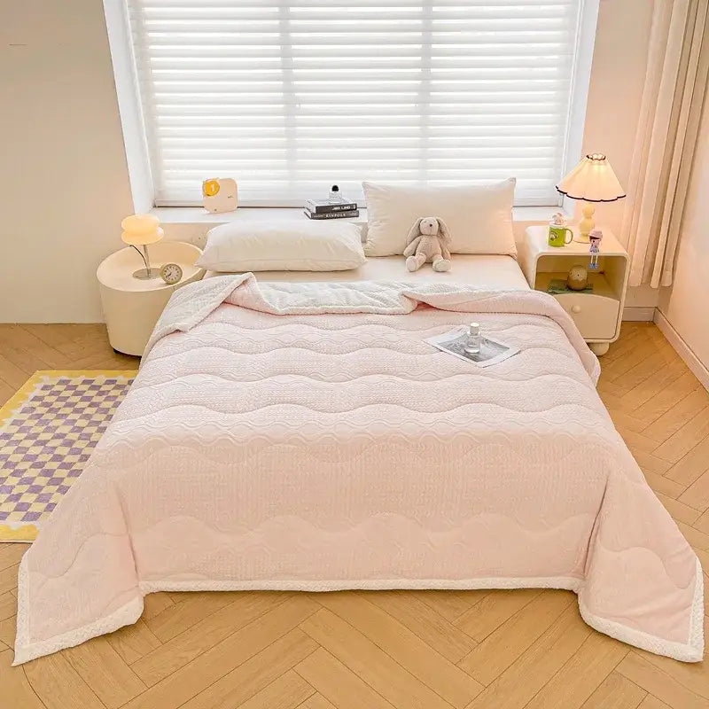 Soft pink decorbites cartoon print quilted blanket with cream velvet and white fleece trim for bedroom bedding