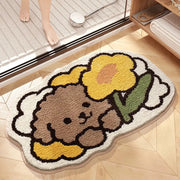 Decorbites cartoon puppy flocked brown bath mat with plush texture yellow flower and black outline for bathroom use