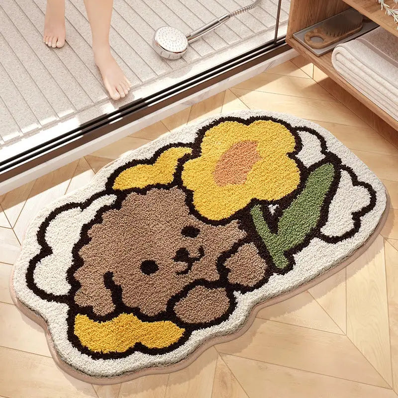 Decorbites cartoon puppy flocked brown bath mat with plush texture yellow flower and black outline for bathroom use