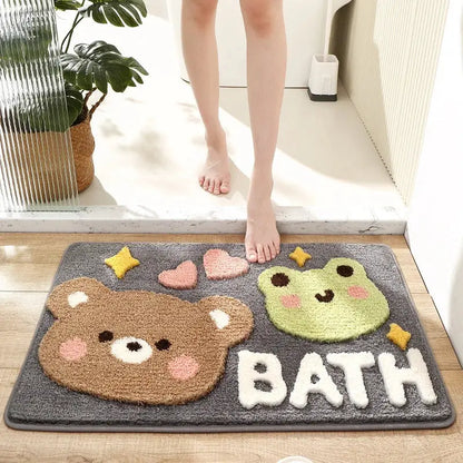 Gray decorbites cartoon puppy flocked bath mat with embroidered brown bear green frog faces pink hearts and yellow stars