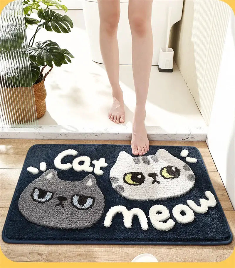 Decorbites cartoon puppy flocked brown bath rug with navy blue plush cat face embroidery and white yarn text for bathroom use