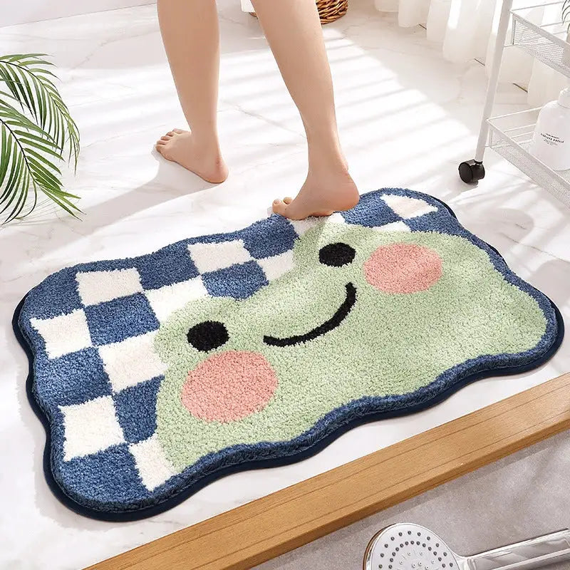Decorbites cartoon puppy flocked bath rug with a plush light green frog shape and blue white checkered pattern