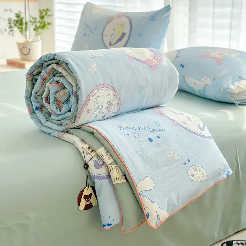 Light blue decorbites cartoon summer cotton blanket with soft pastel animals and clouds for bedroom bedding