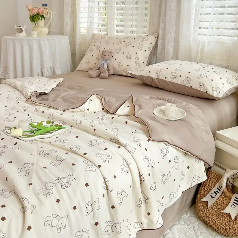 Cream-colored cotton bedding set with soft plush texture and muted teddy bear patterns decorbites cartoon summer