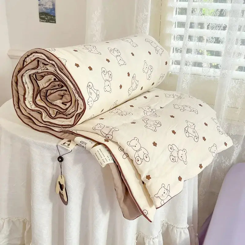Cream-colored decorbites cartoon summer teddy bear blanket with soft cotton exterior and brown bear and flower pattern