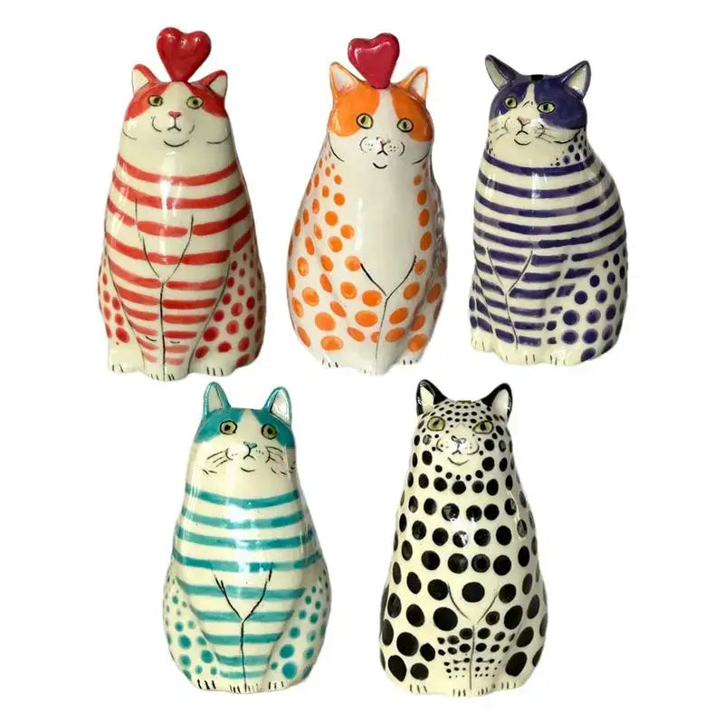 DecorBites cat polka dot resin flower bud vase set featuring five colorful ceramic cat vases with dot cat patterns