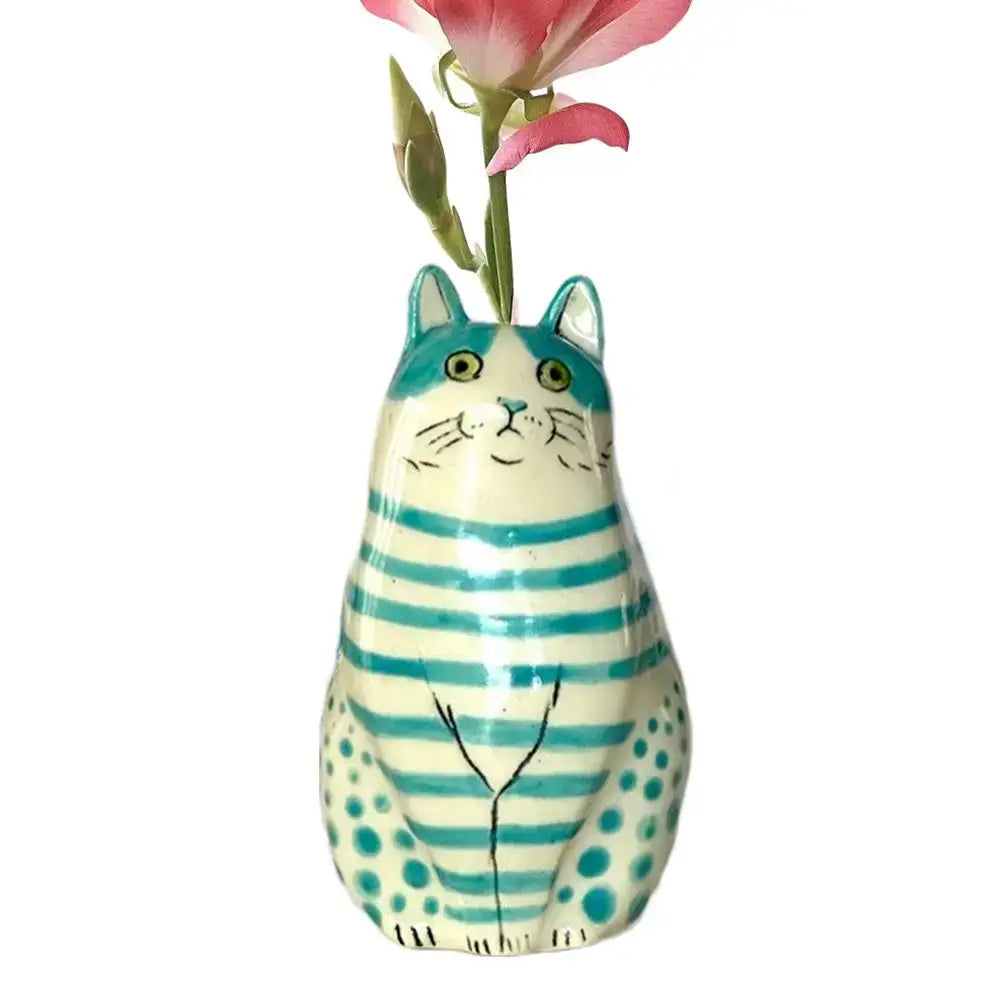 DecorBites™ cat polka dot resin flower bud vase in turquoise and cream stripes holding a pink flower