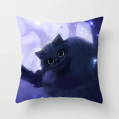 Purple decorbites cat printed plush cushion cover featuring a dark blue cat illustration for black and white living room decor