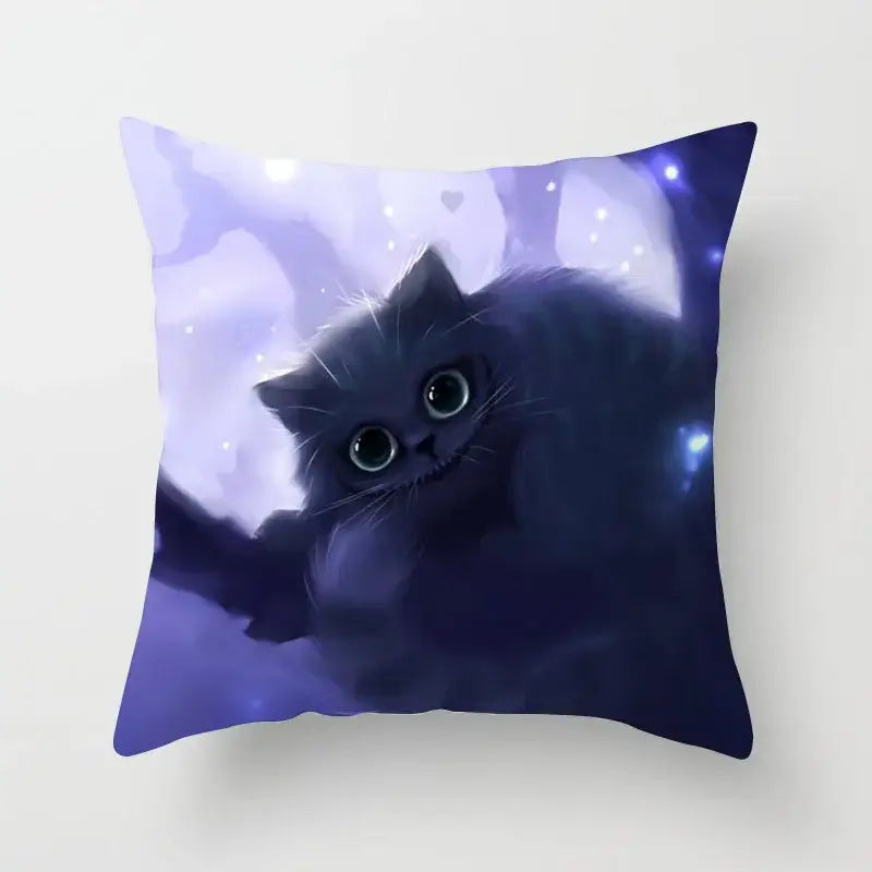 Purple decorbites cat printed plush cushion cover featuring a dark blue cat illustration for black and white living room decor
