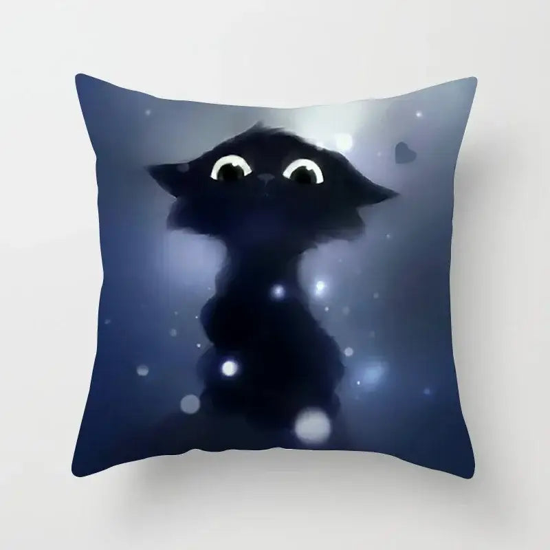 Square decorbites cat printed plush cushion cover with black cat silhouette and starry blue background for living room