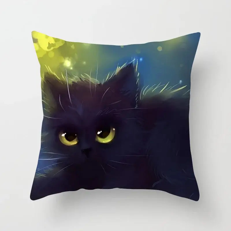 Square decorbites cat printed pillowcase with black cat illustration yellow eyes on blue green plush cushion cover