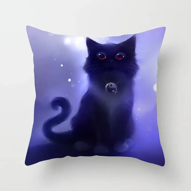 Purple decorbites cat printed plush cushion cover featuring a black cat with red eyes and yin-yang pendant for living room