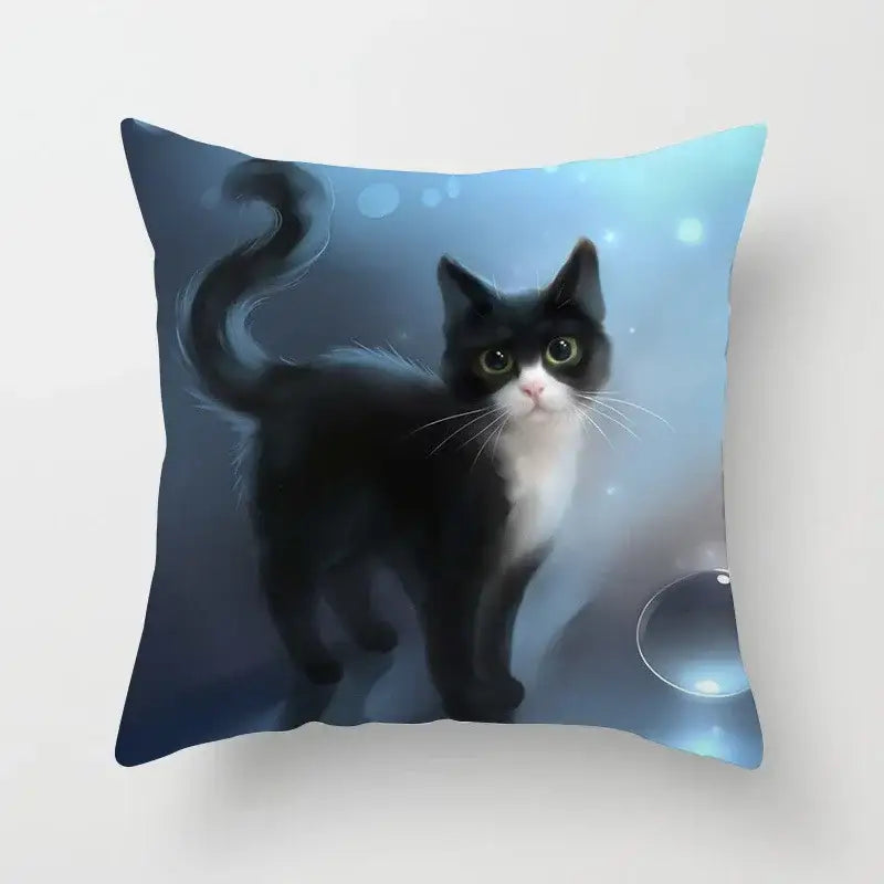 A decorbites cat printed plush cushion cover with a black and white cat and green eyes on a soft blue background