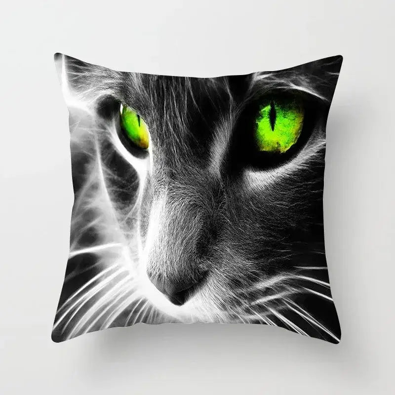 Square decorbites cat printed plush cushion cover with black and white cat face and vivid green eyes for living room