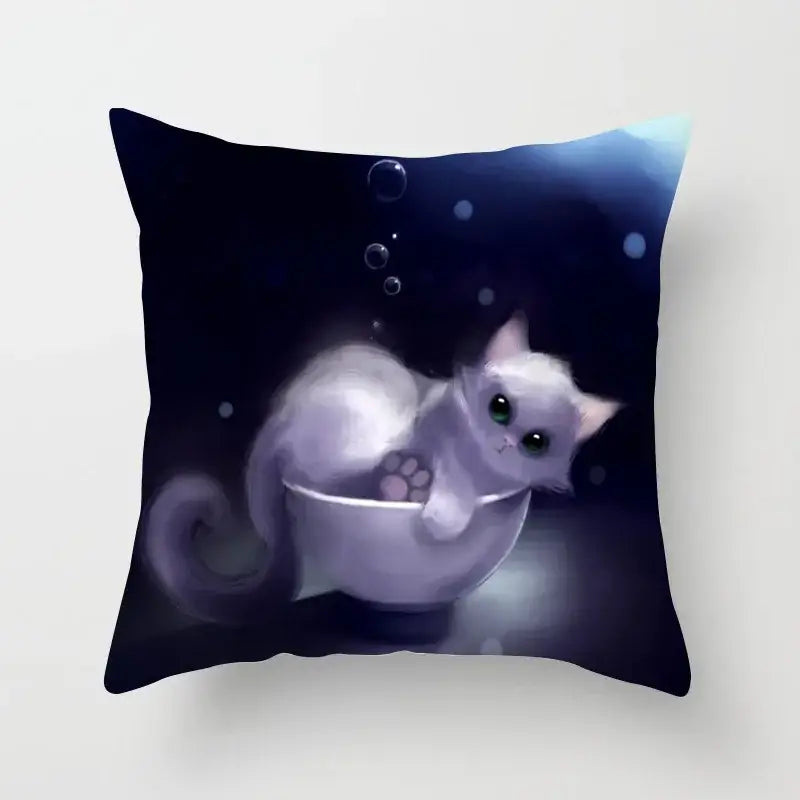 Square decorbites cat printed plush cushion cover featuring a white cat in a bowl on dark blue background with bubbles