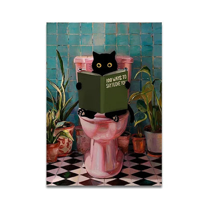 Cat Reading on Toilet Wall Art - SW9908 / (A2)42x60cm Unframed - Posters