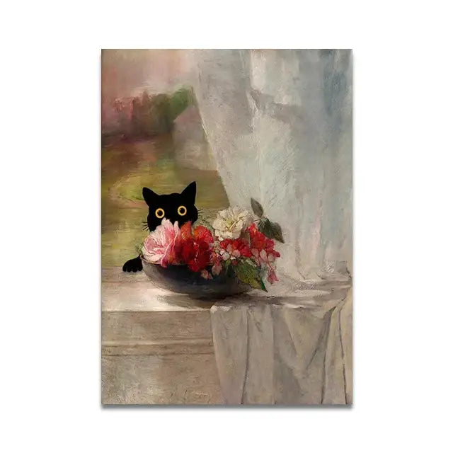 Black cat with yellow eyes peeks behind red flowers on decorbites™ cat reading toilet canvas wall art