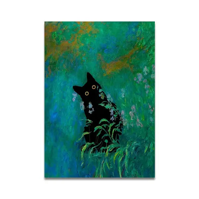 DecorBites™ cat reading wall art featuring a black cat with glowing yellow eyes on a teal and green toilet canvas