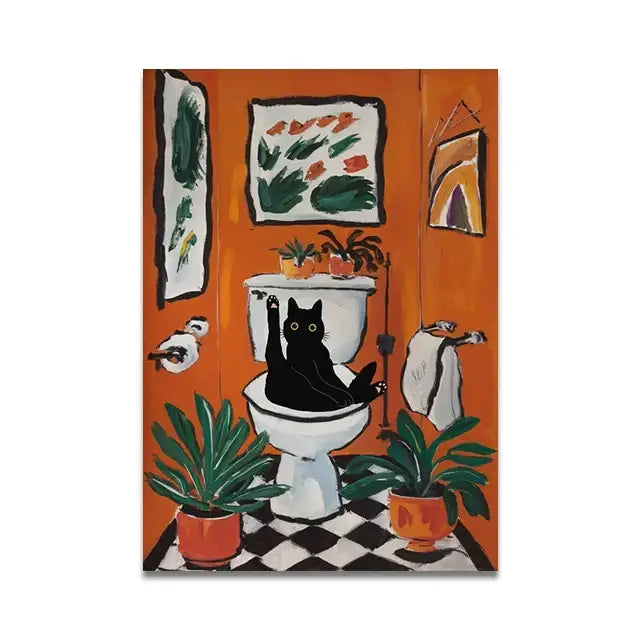Decorbites™ cat reading wall art featuring a black cat on a white toilet in an orange bathroom with plants and framed artwork