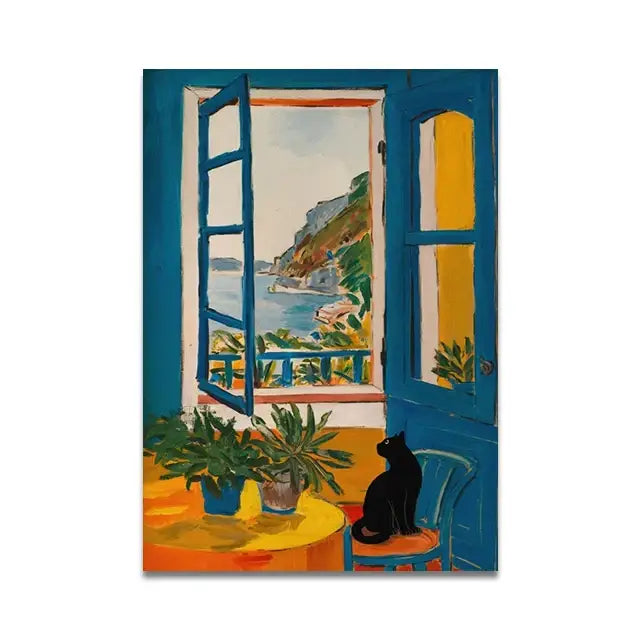 A black cat sitting on a blue chair with orange table in decorbites cat reading toilet canvas wall art