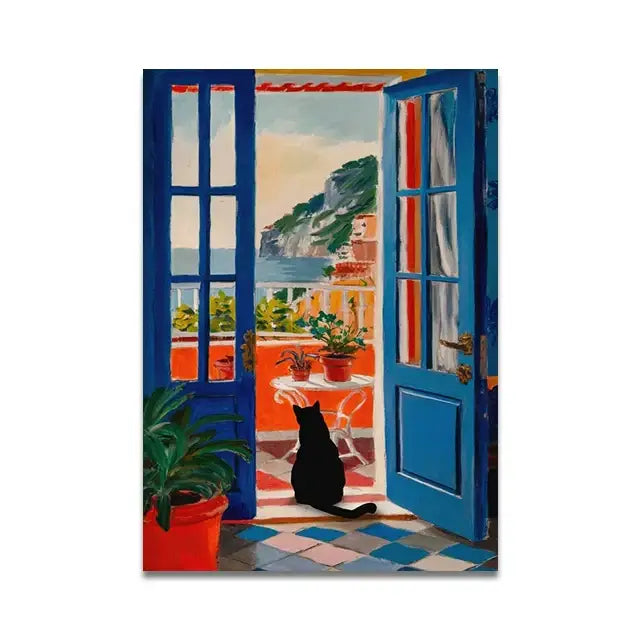 Decorbites™ cat reading wall art featuring a black cat on a checkered floor viewed through blue doors on toilet canvas