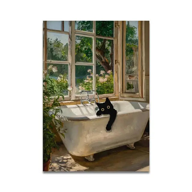 Decorbites cat reading toilet canvas wall art featuring a black cat with expressive eyes peeking over a white clawfoot tub