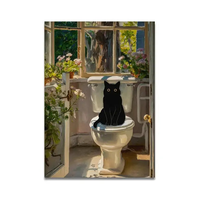 DecorBites™ cat reading wall art features a black cat with wide eyes on a toilet canvas in a flower-adorned bathroom