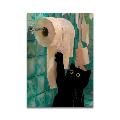 Decorbites™ cat reading wall art featuring a black cat with yellow eyes on toilet canvas with teal tiled background