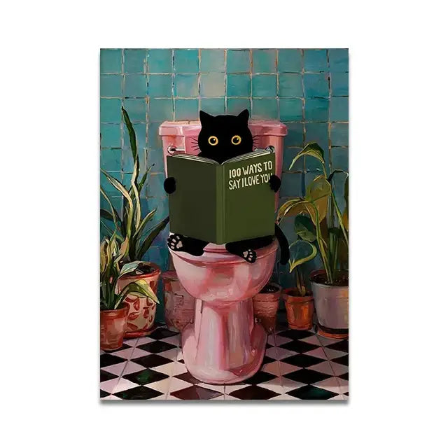 DecorBites cat reading wall art features a black cat with yellow eyes on a pink toilet holding a green book on toilet canvas