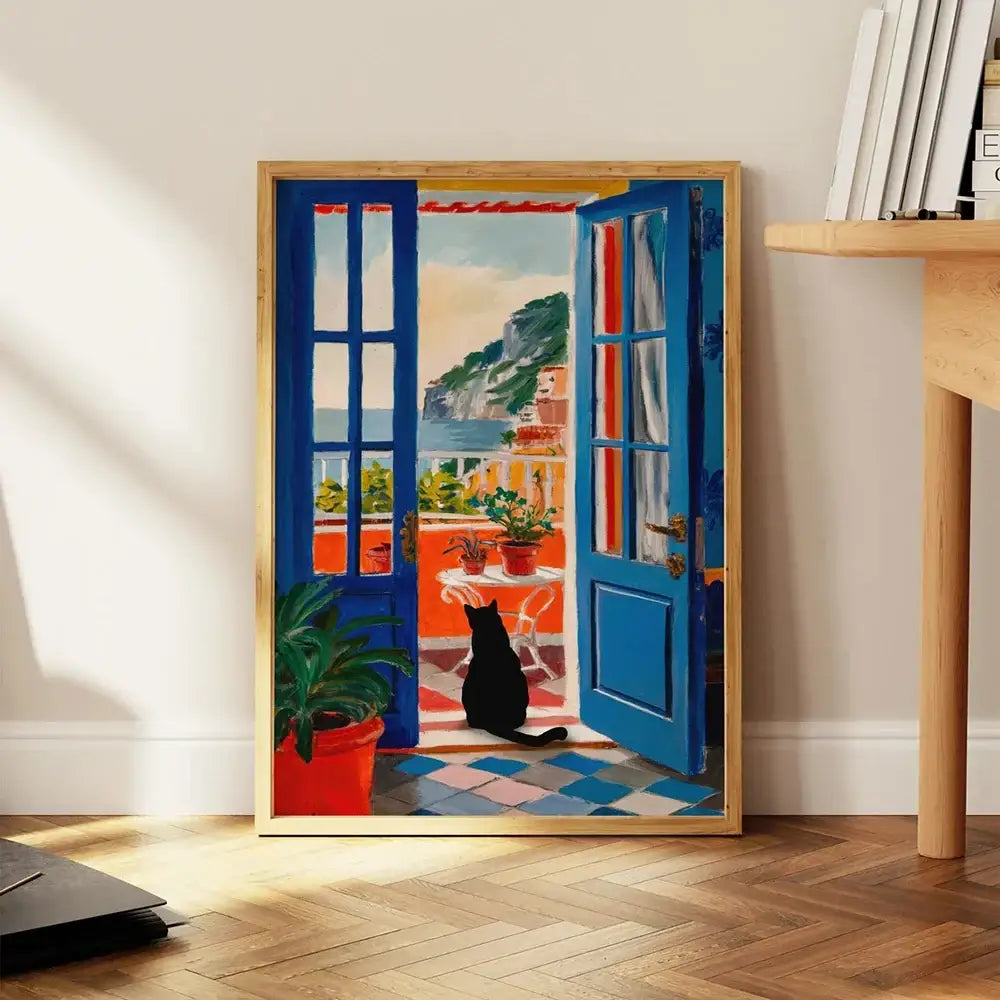 DecorBites™ cat reading toilet canvas wall art with vibrant blue doors orange balcony and black cat on checkered floor