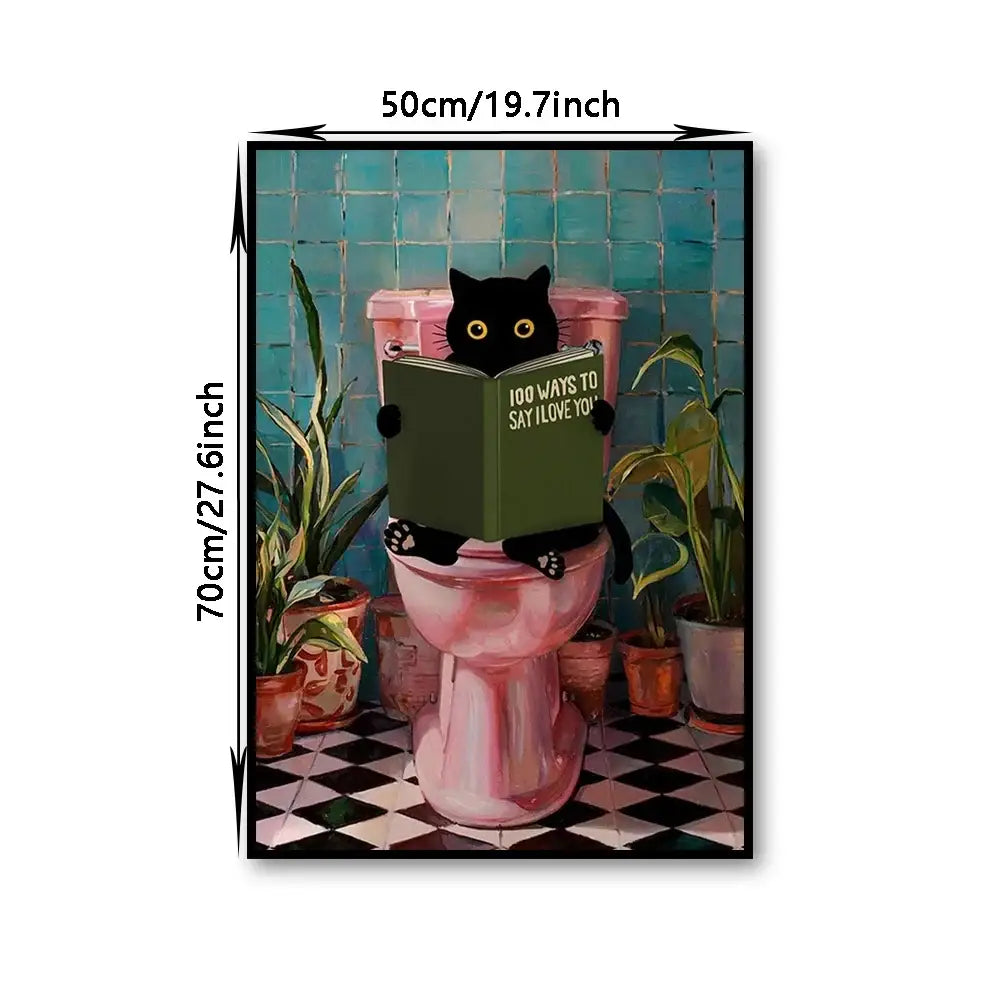 Framed DecorBites™ toilet canvas wall art featuring a black cat reading a green book on a pink toilet with teal tiles