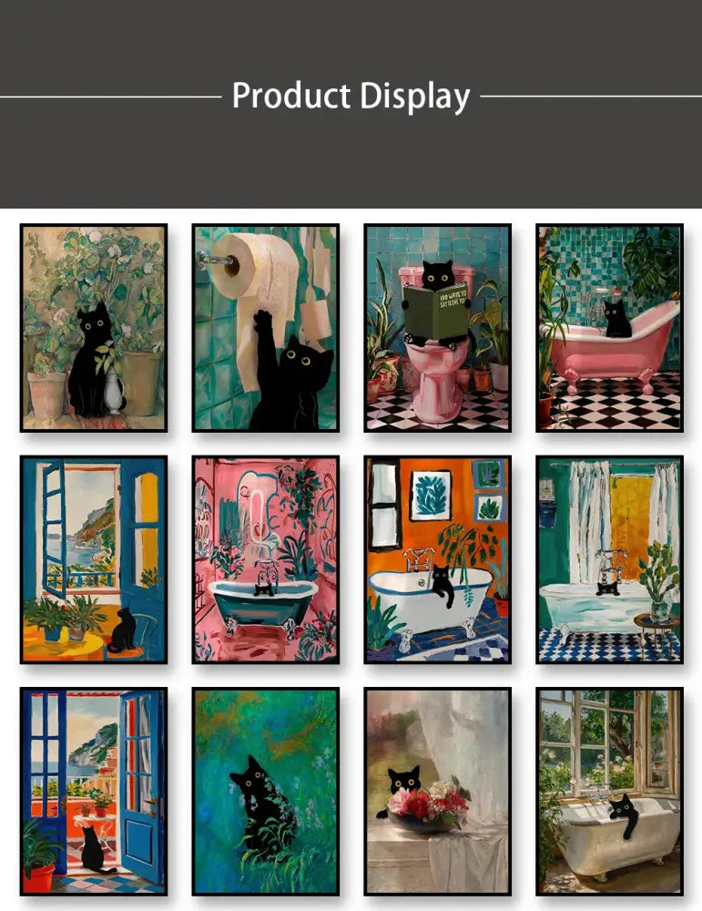 Set of twelve framed black cat-themed wall art prints featuring whimsical cat reading and toilet canvas scenes