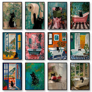 Set of twelve framed colorful wall art prints featuring black cats reading in whimsical bathroom and garden scenes