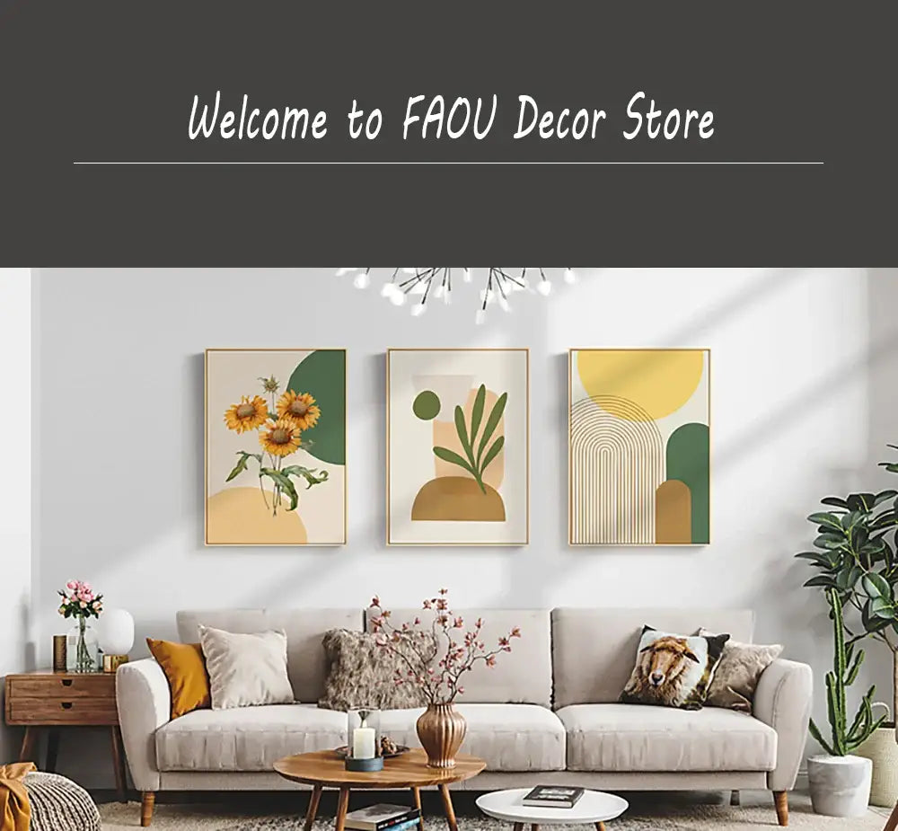 Three framed DecorBites™ cat reading wall art pieces with abstract botanical and geometric designs in earthy tones