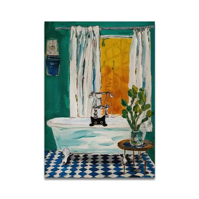 Decorbites cat reading toilet canvas wall art featuring a vintage white clawfoot bathtub with teal walls and white curtains