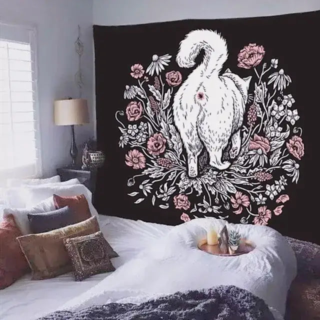 Black tapestry featuring a white illustrated cat surrounded by pink and white floral designs decorbites cat witchcraft