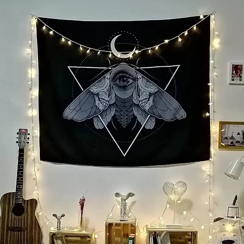 Black tapestry wall hanging with white moth and geometric shapes by decorbites cat witchcraft bedroom decor